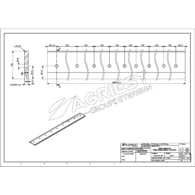 Lame Percee 150X20 LG 1300 400HB 9 TRS Ø16 EA 150 référence fournisseur 451152